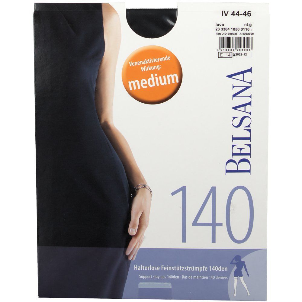 Emballage de bas de contention Belsana 140den, taille 44-46, couleur lave. Effet activateur veineux: medium. Illustration d'une femme.