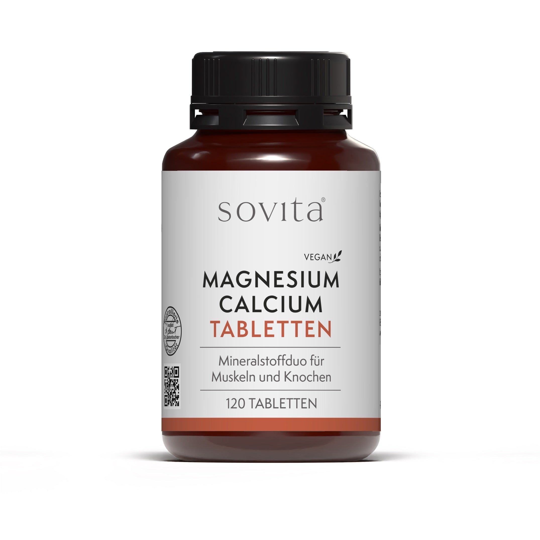 Flacon brun SoVita® Magnesium Calcium Tabletten. Texte: Vegan, Mineralstoffduo für Muskeln und Knochen, 120 comprimés.