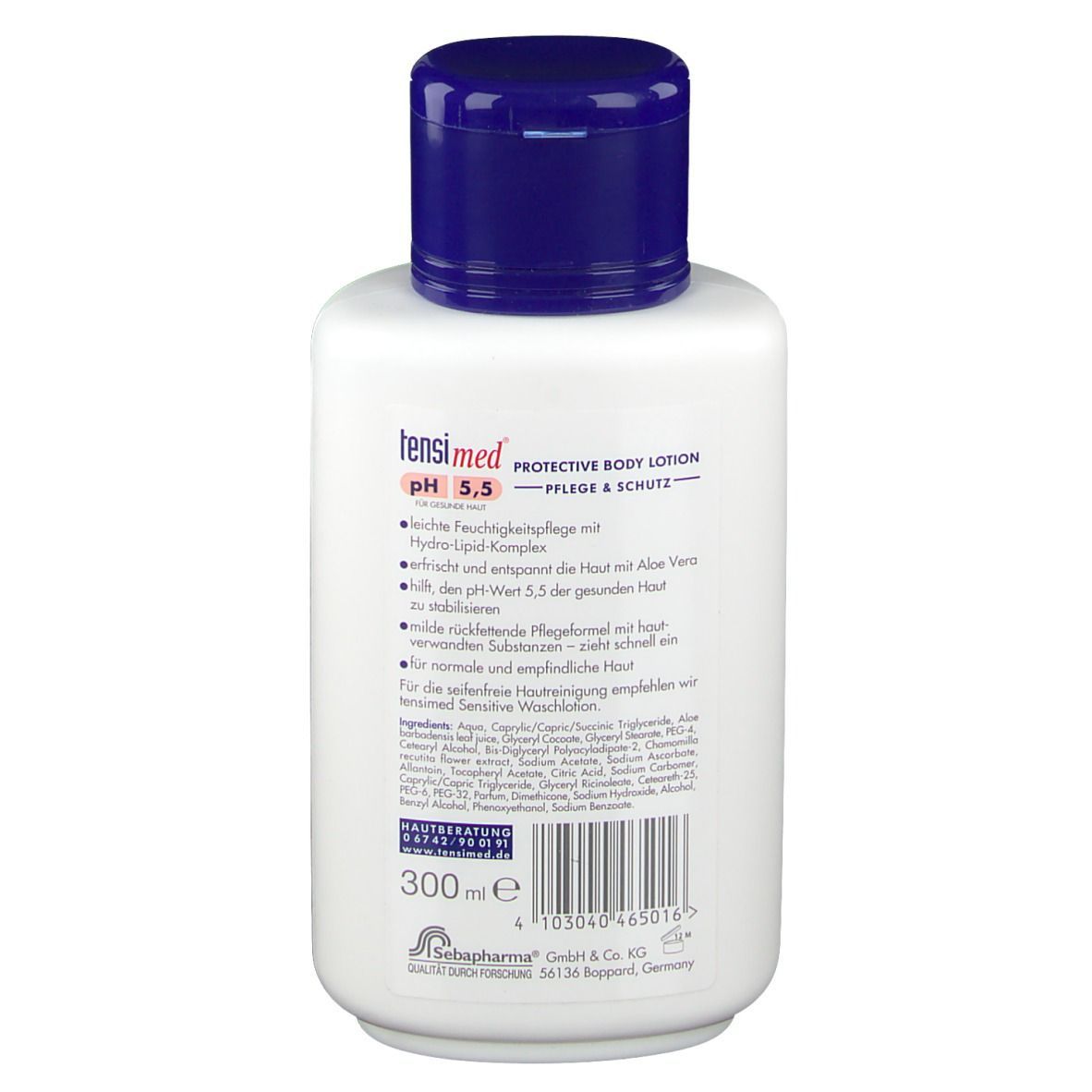 Weiße Flasche mit blauem Deckel. Rückseite mit Text und Barcode. Produktname: tensimed Protective Body Lotion.
