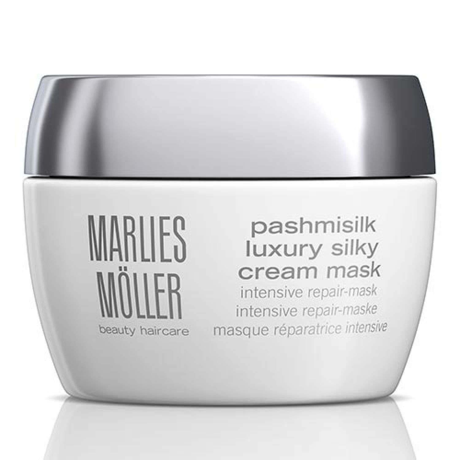 Weißer Tiegel mit silbernem Deckel. Aufschrift: Marlies Möller, Pashmisilk, Luxury Silky Cream Mask. Intensive Repair-Maske.