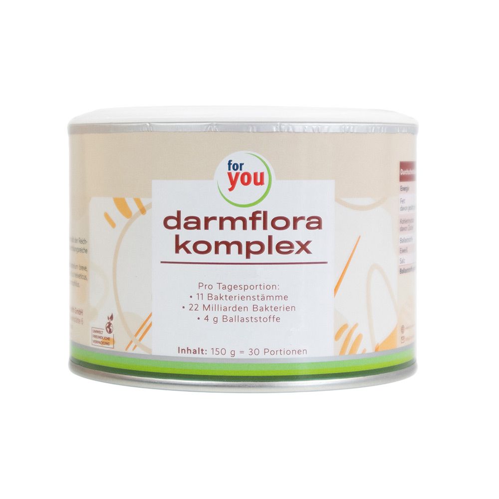 Dose "for you darmflora komplex" mit Löffel. Aufschrift: 11 Bakterienstämme, 22 Milliarden Bakterien, 4 g Ballaststoffe. Inhalt: 150 g = 30 Portionen.