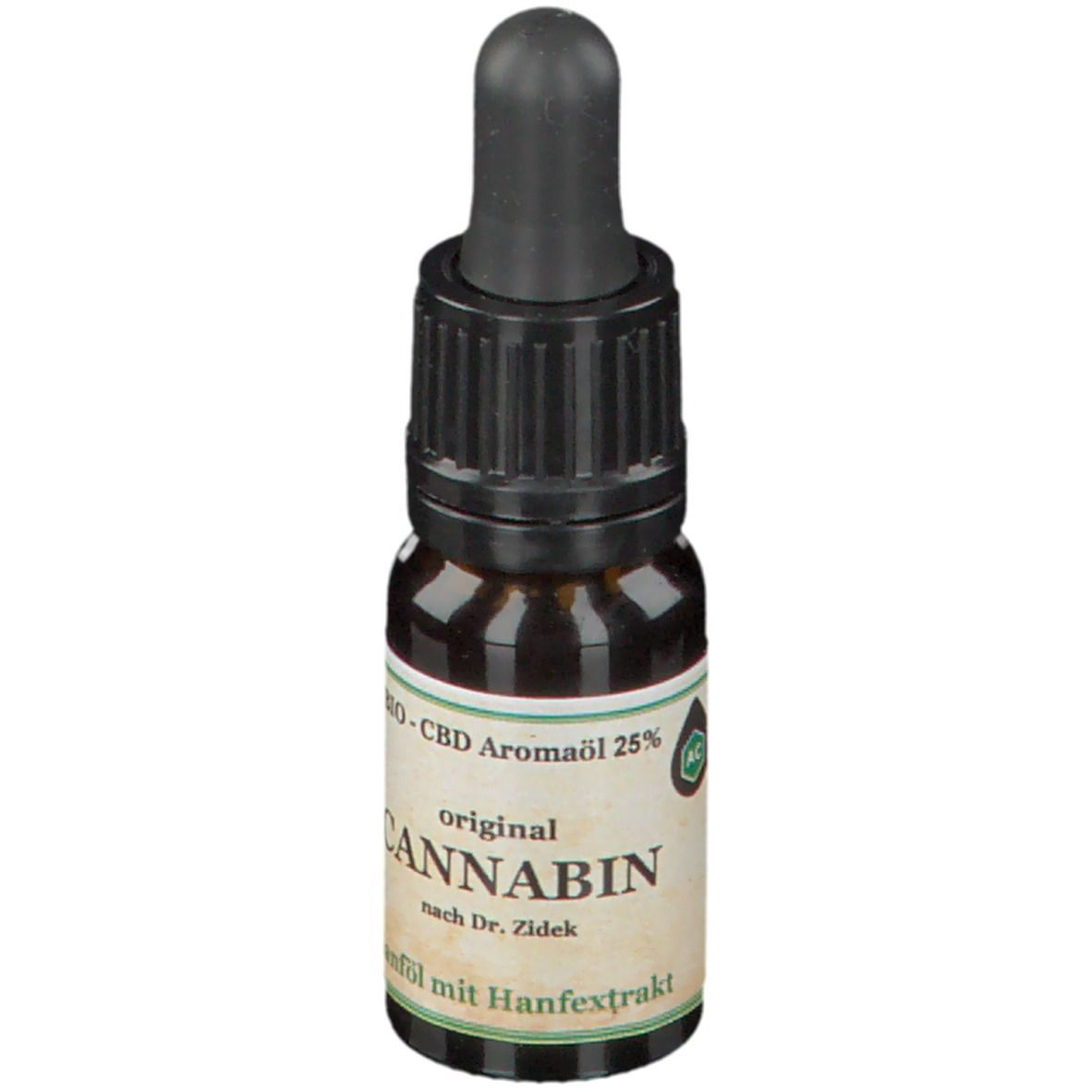 Flacon en verre brun avec compte-gouttes noir. Étiquette avec "original CANNABIN 25 %" et logo vert.