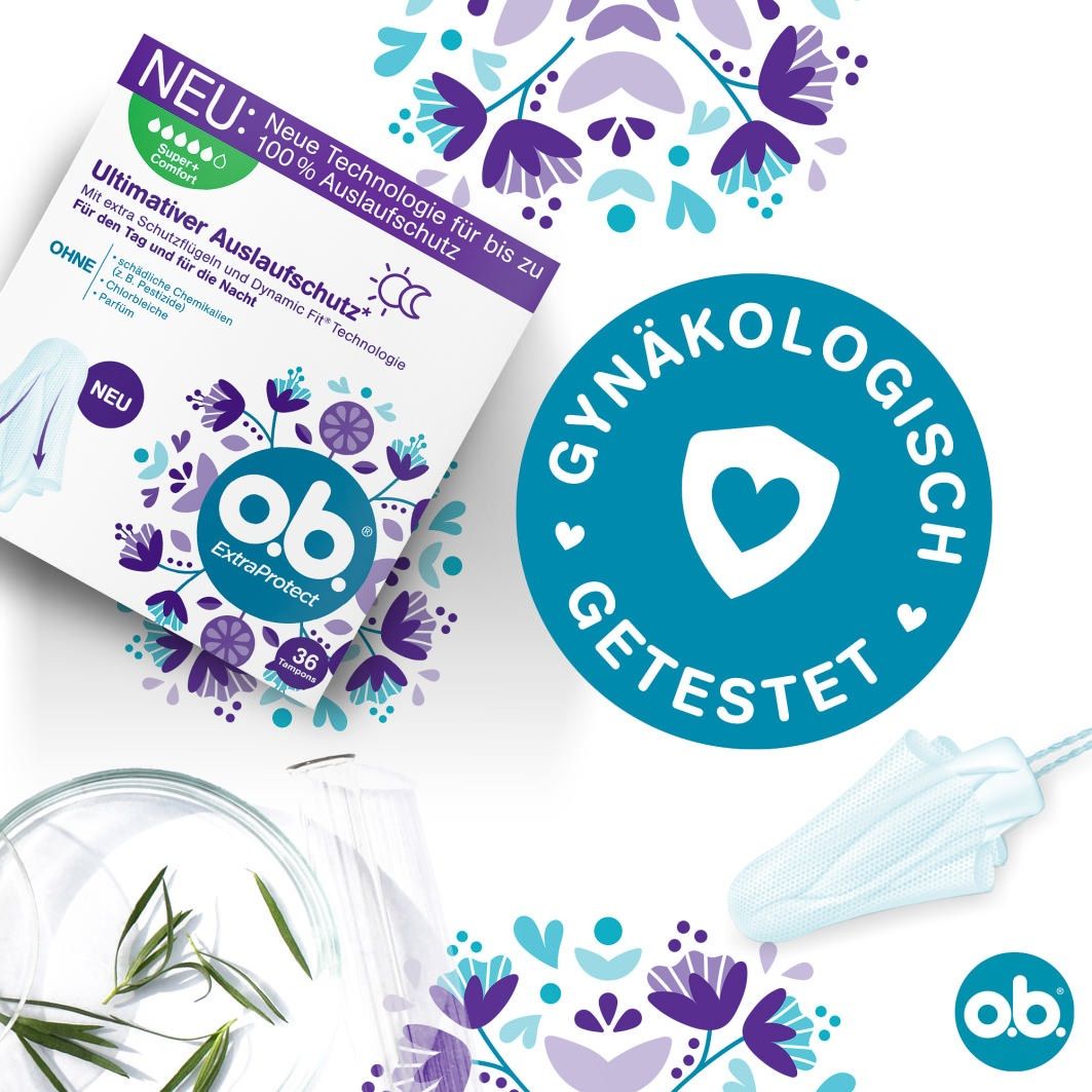 Packung o.b.® ExtraProtect Tampons. Gynäkologisch getestet. 36 Stück. Mit Produkt und Tampon.