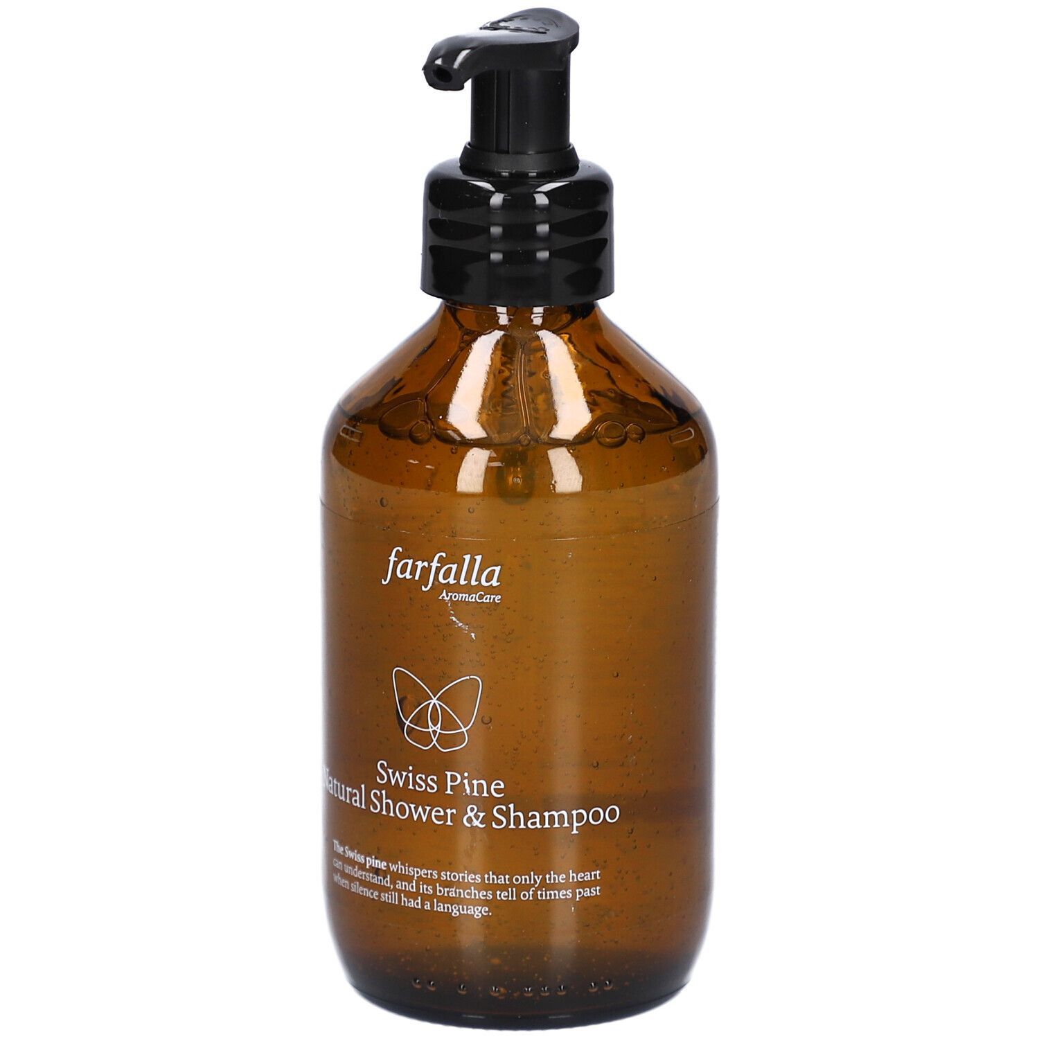 Braune Flasche mit schwarzem Pumpkopf. Beschriftung: Farfalla, Swiss Pine Natural Shower & Shampoo.