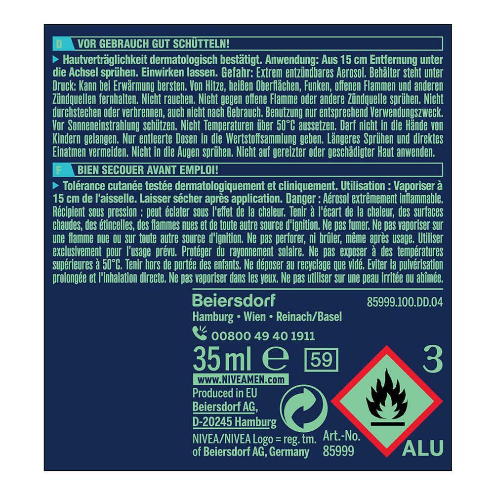 Rückseite der NIVEA MEN Dry Active Sprühdose. Text, Warnhinweise, Flammen-Symbol, 35ml.