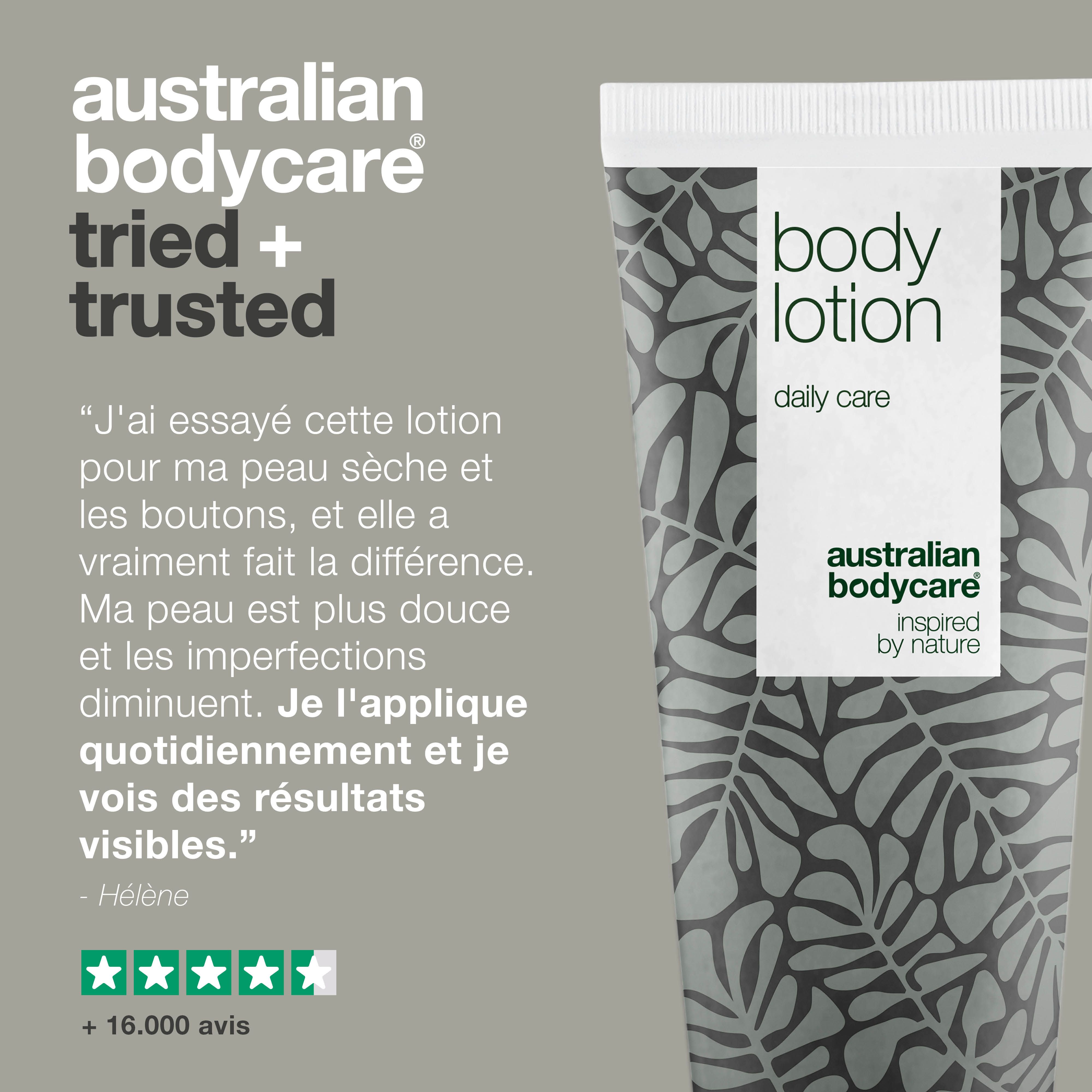 Produit en tube. Inscription : body lotion, daily care. Logo : Australian Bodycare. Texte : J'ai essayé cette lotion...- Hélène.