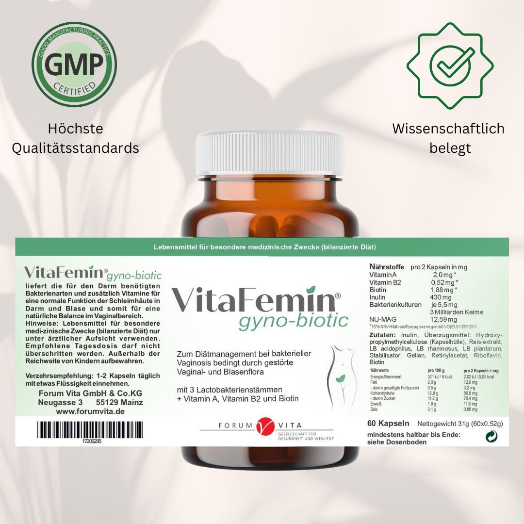 Braune Flasche VitaFemin gyno-biotic mit Beipackzettel. Text: Zum Diätmanagement bei bakterieller Vaginose. GMP-Zertifizierung. Wissenschaftlich belegt.