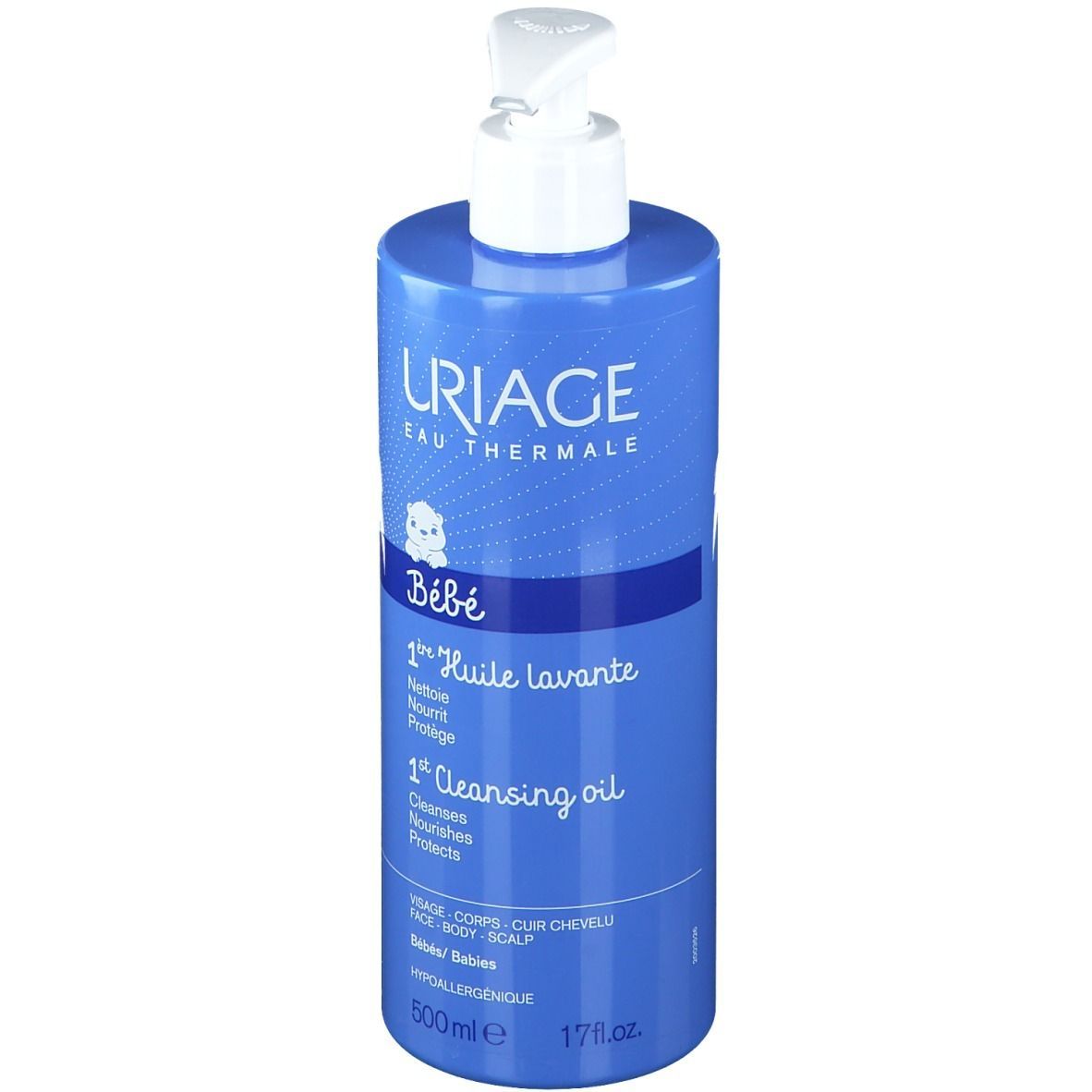 Blaue Flasche mit weißem Pumpverschluss. Uriage Bébé 1er Huile lavante. Für Gesicht, Körper und Kopfhaut. 500ml.