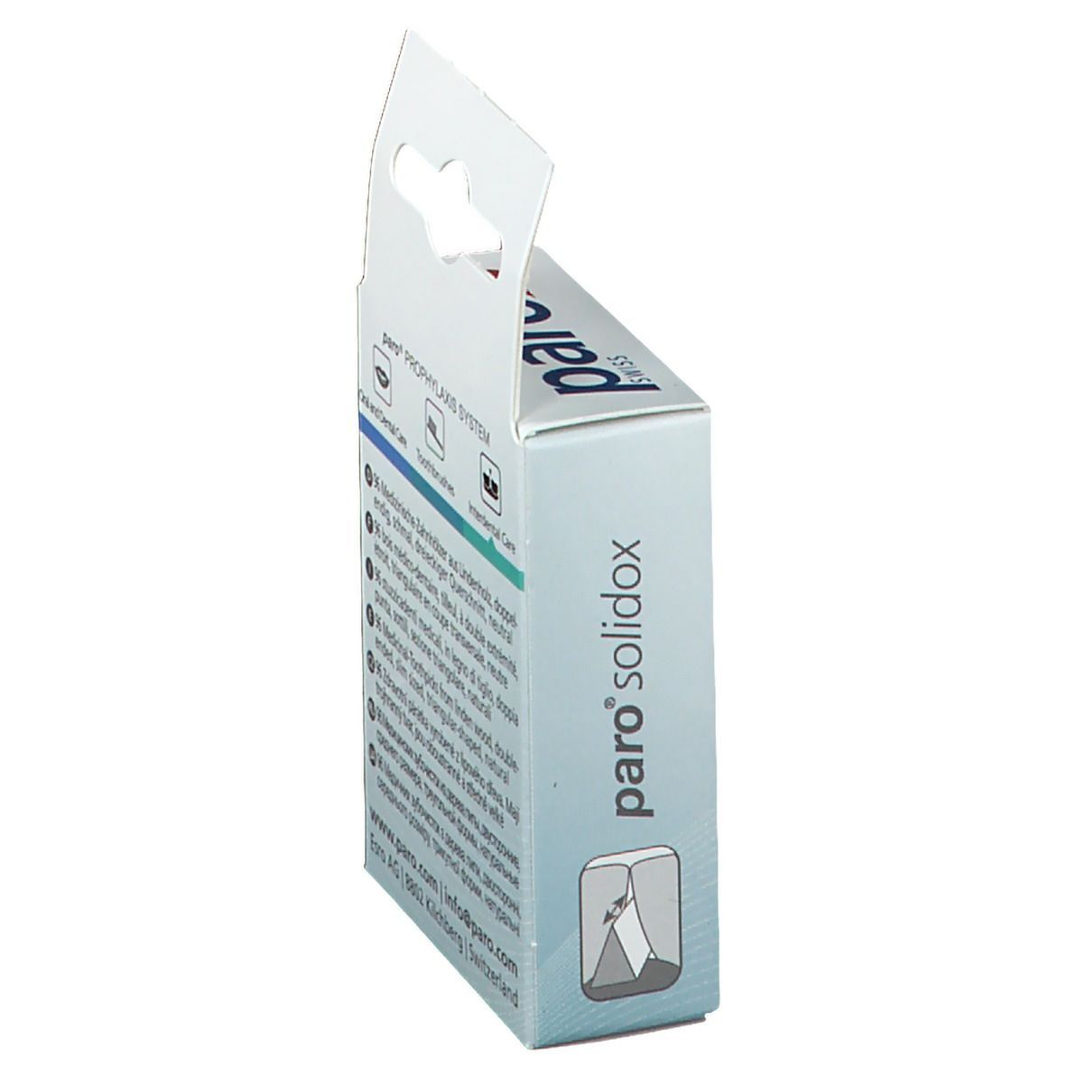 Vue latérale de la boîte paro® solidox. Blanche, logo et nom du produit. Texte multilingue.