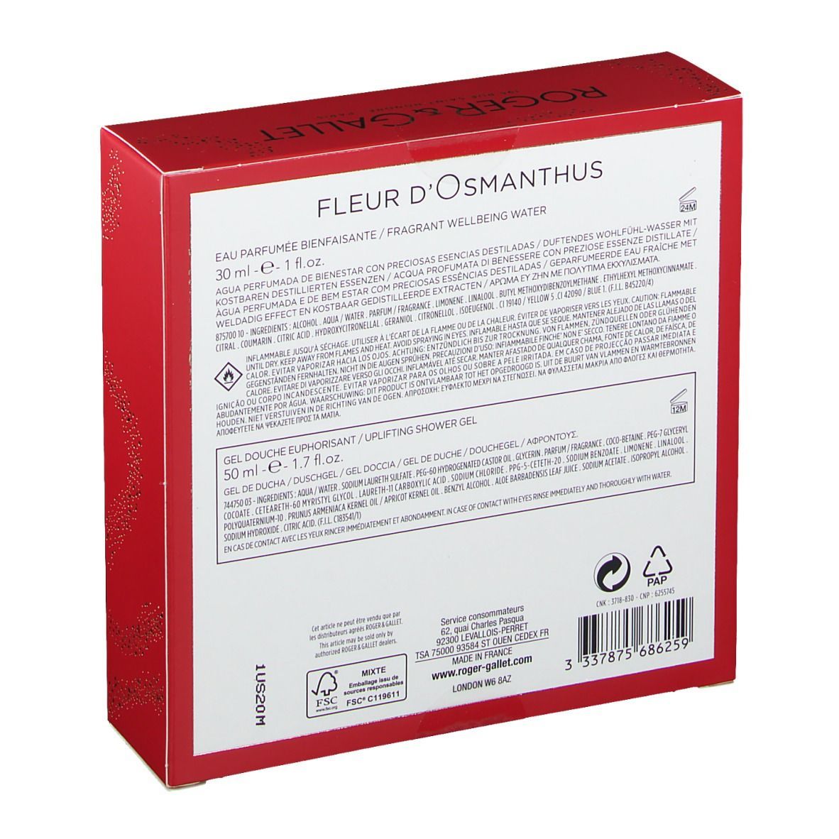 Rückseite der Geschenkbox. Text mit Produktnamen, Inhaltsstoffen und Logo. Rote Verpackung.