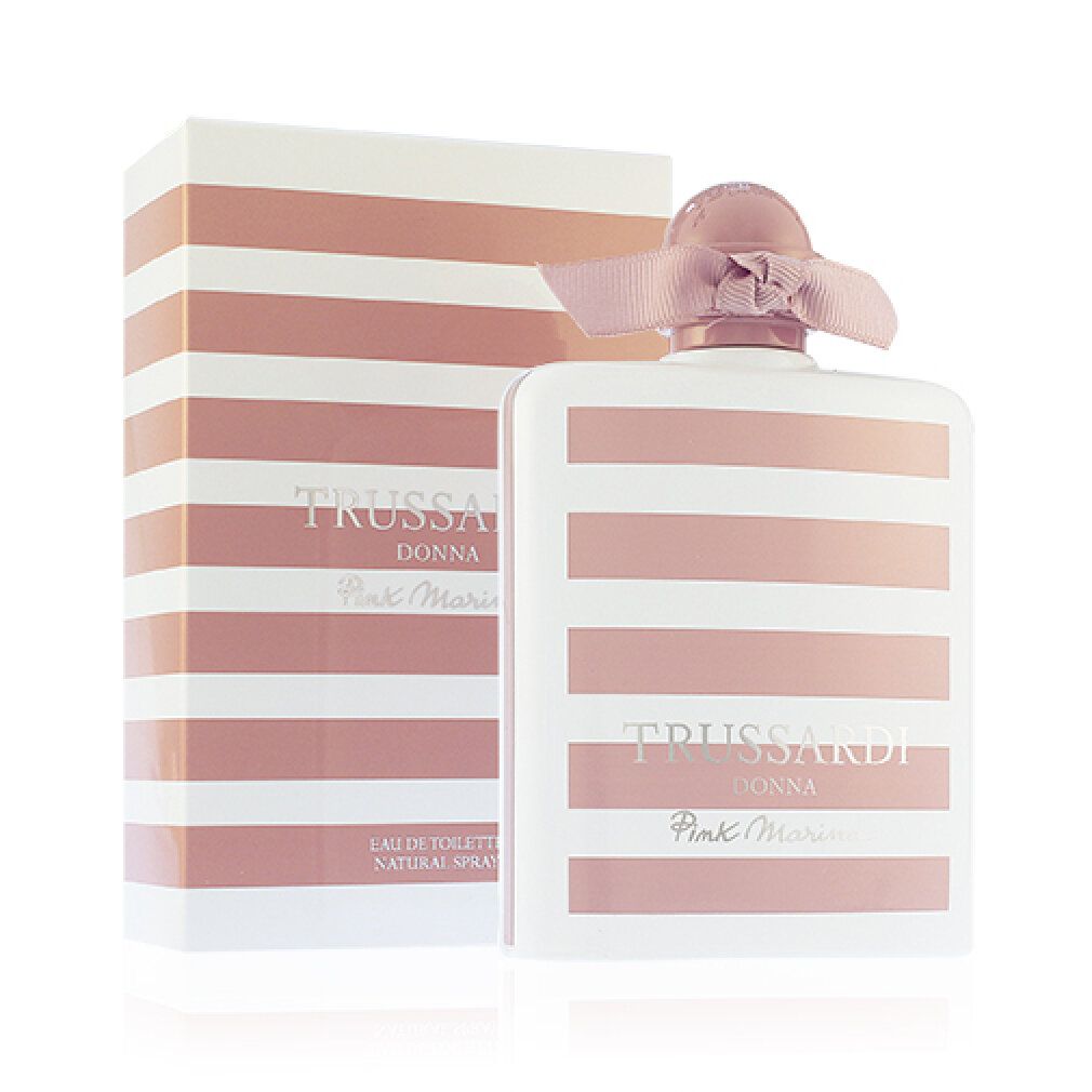 Flakon und Verpackung mit rosa Streifen. Aufschrift: Trussardi Donna Pink Marina. Mit Schleife.