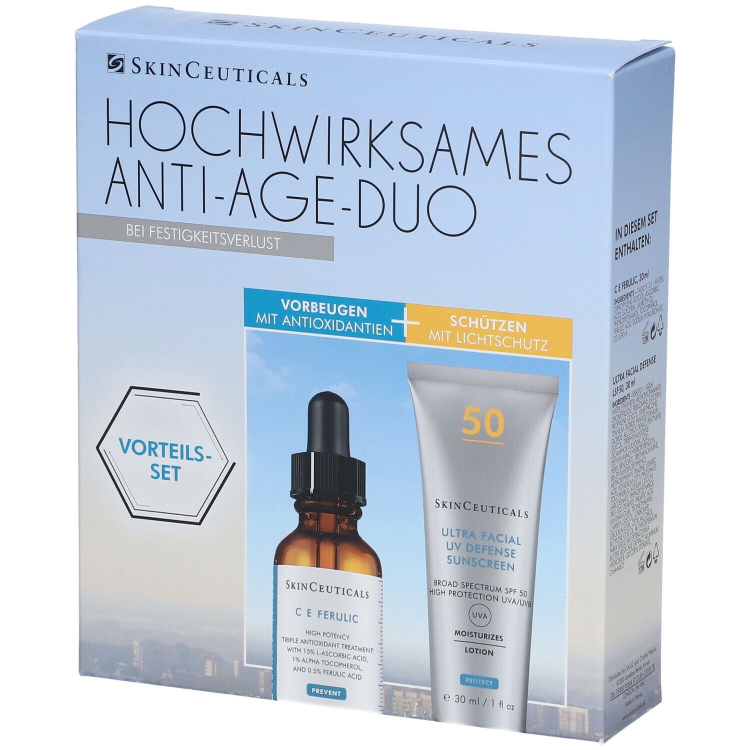 Coffret Duo Anti-Âge. Comprend une bouteille marron avec pipette et un tube de protection solaire. Texte : SkinCeuticals.