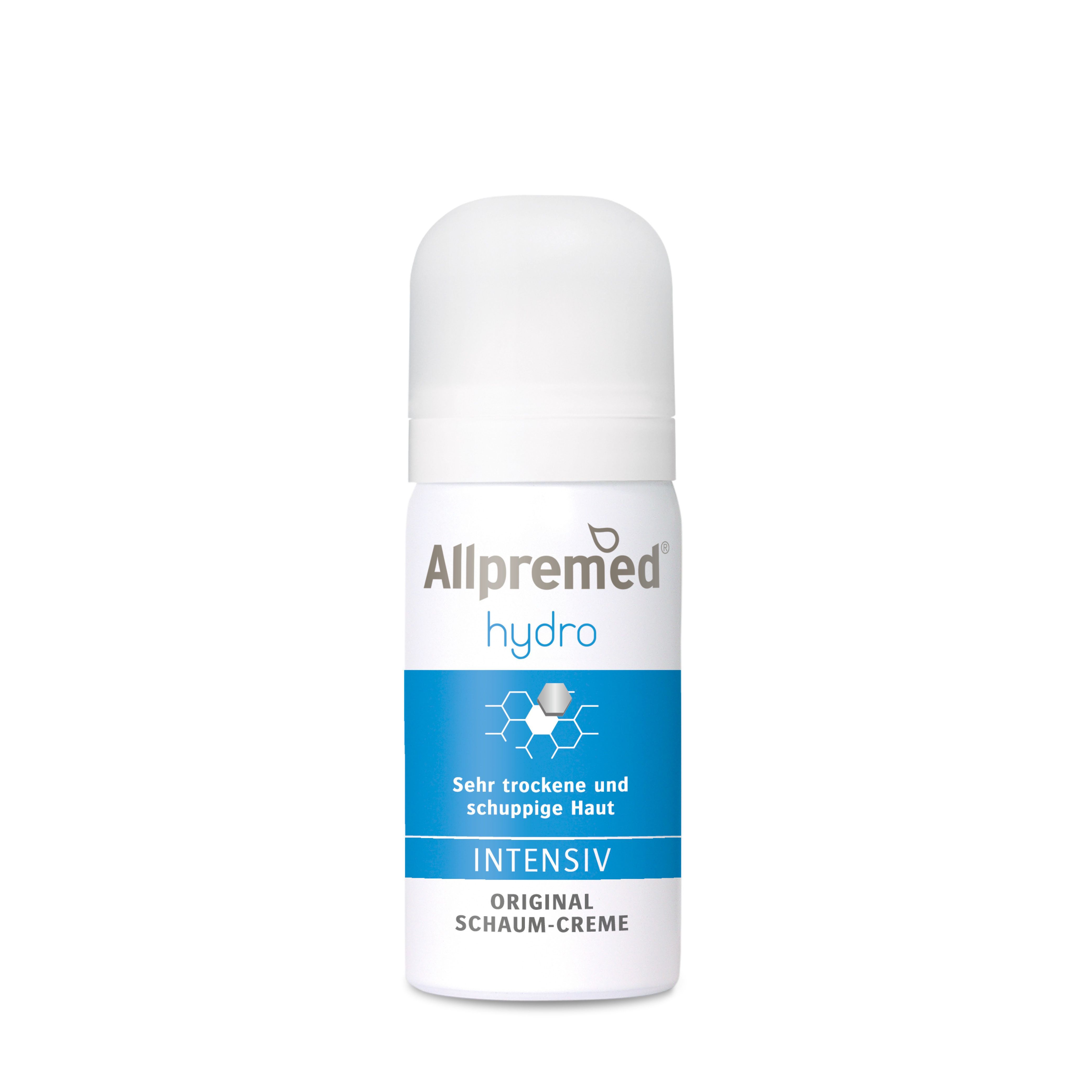 Flacon blanc et bleu. Inscription : Allpremed hydro, INTENSIV, Original Schaum-Creme. Pour peaux très sèches et squameuses.