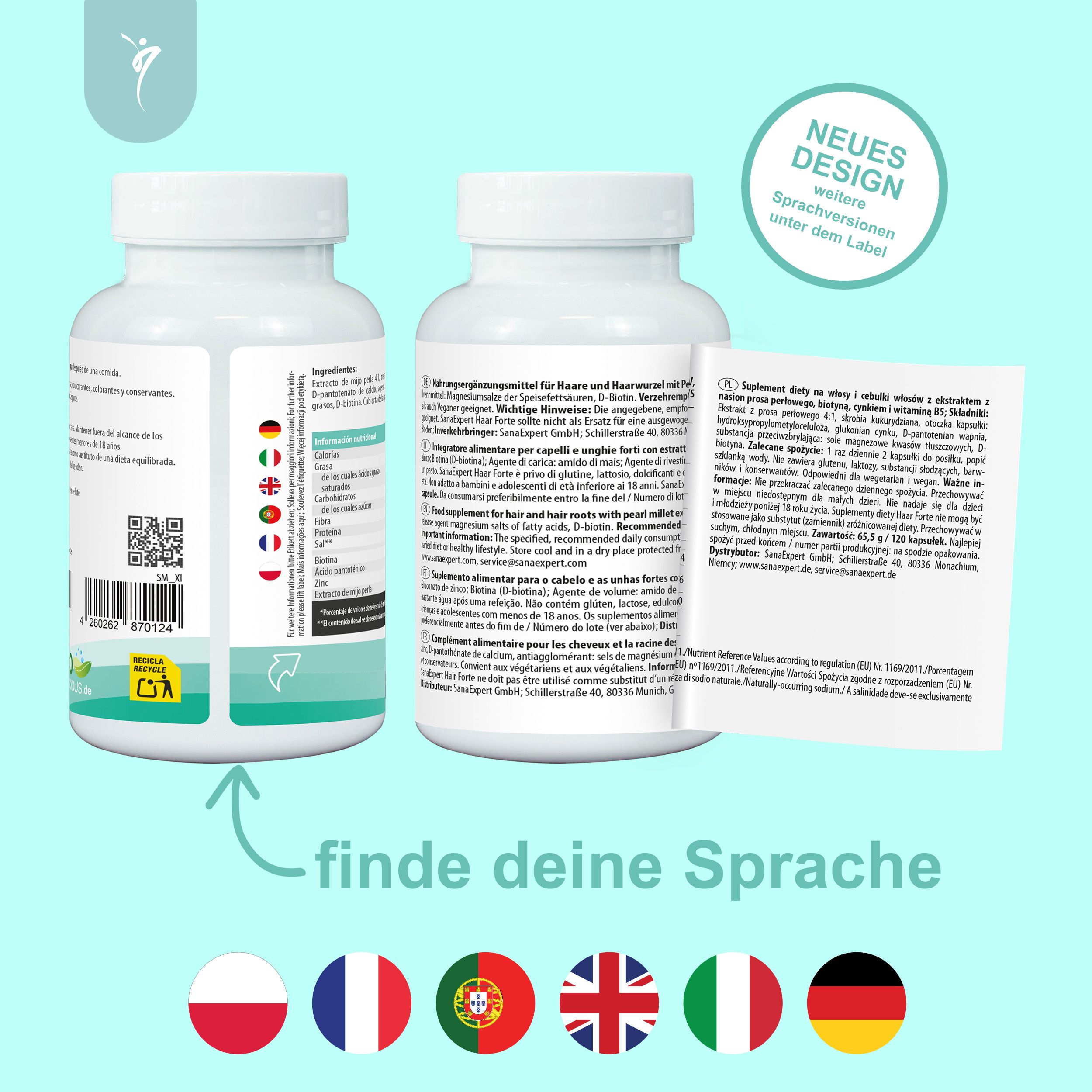 Rückansicht zweier Flaschen SanaExpert Haar Forte mit mehrsprachigen Etiketten und Flaggen.