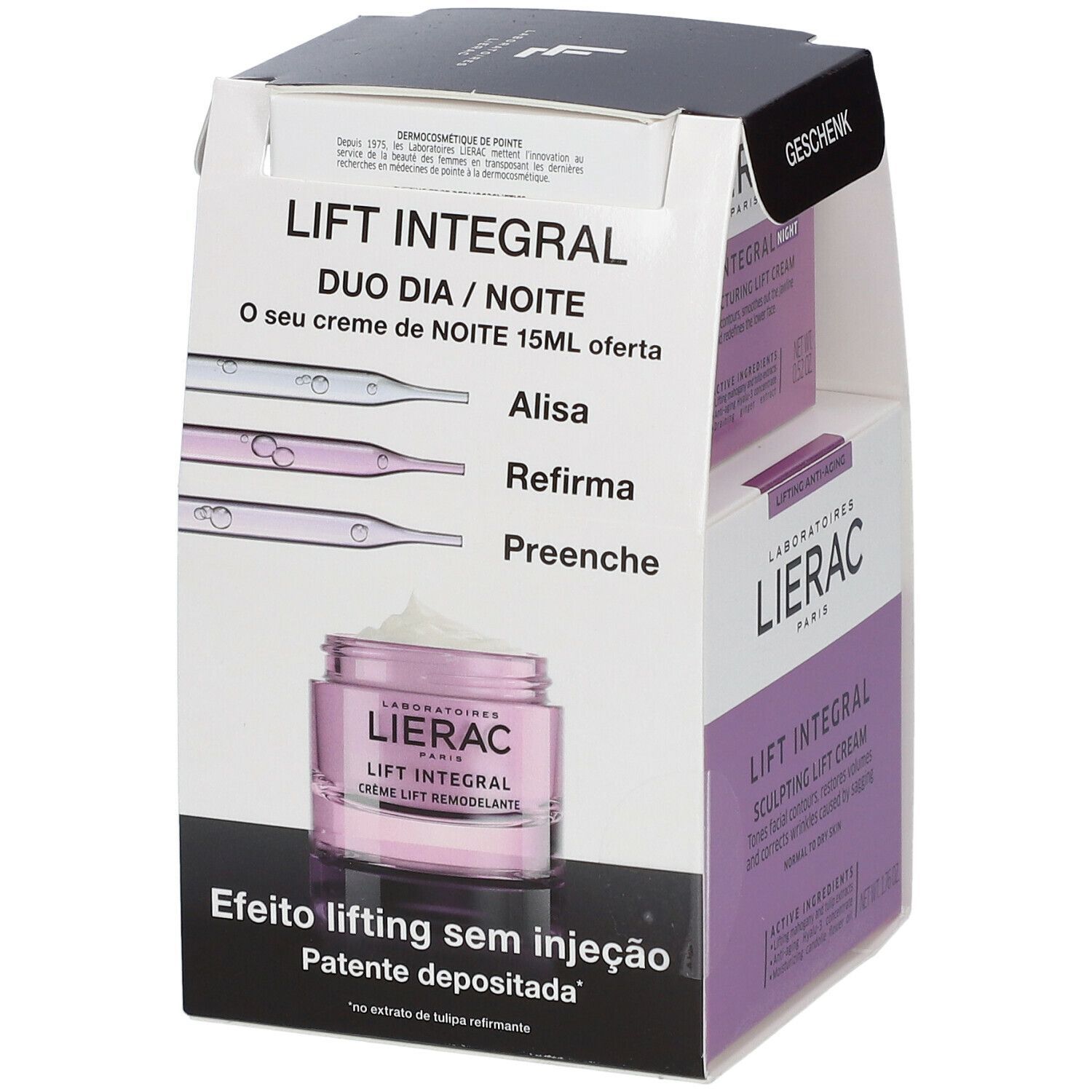 Verpackung mit LIERAC LIFT INTEGRAL Creme. Die Verpackung enthält eine Creme und eine kleinere Creme, mit Text und Produktnamen.