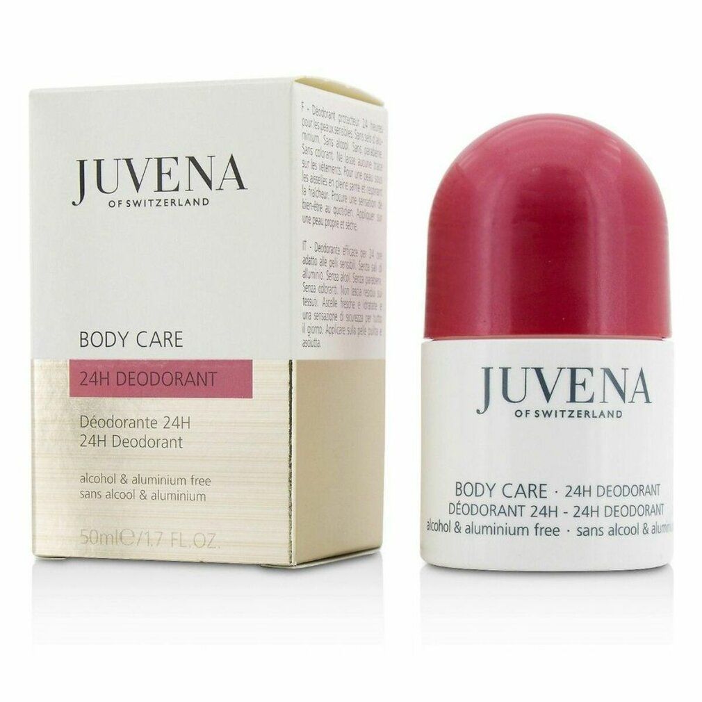 Roll-on-Deo und Verpackung. Aufschrift: Juvena, Body Care, 24h Deodorant. Verpackung: beige, Text. Ohne Alkohol & Aluminium.