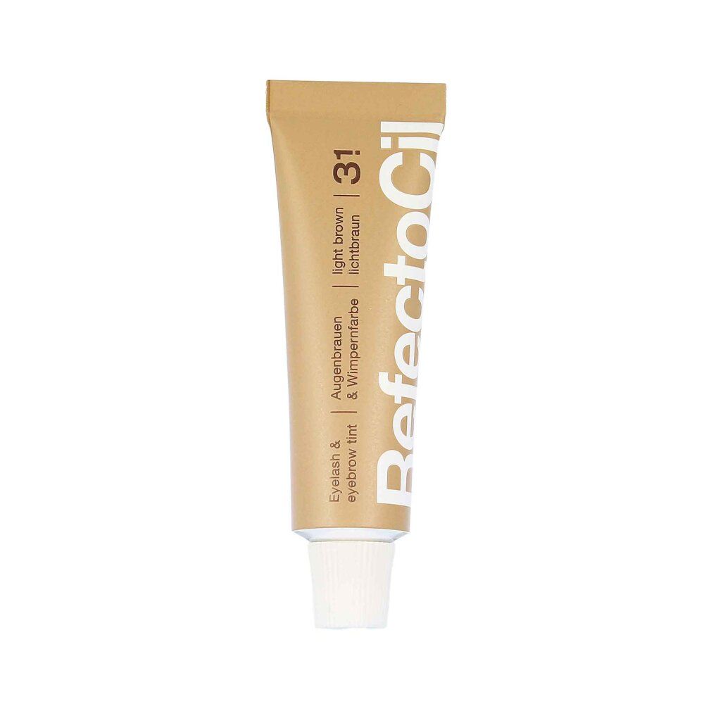 Tube Refectocil 3.1, Augenbrauen- und Wimpernfarbe, lichtbraun. Beige Tube mit brauner Schrift. Weißer Schraubverschluss.