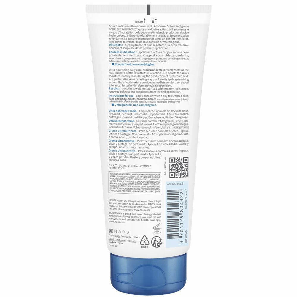 Dos d'un tube BIODERMA Atoderm Crème. Texte multilingue. Code QR.