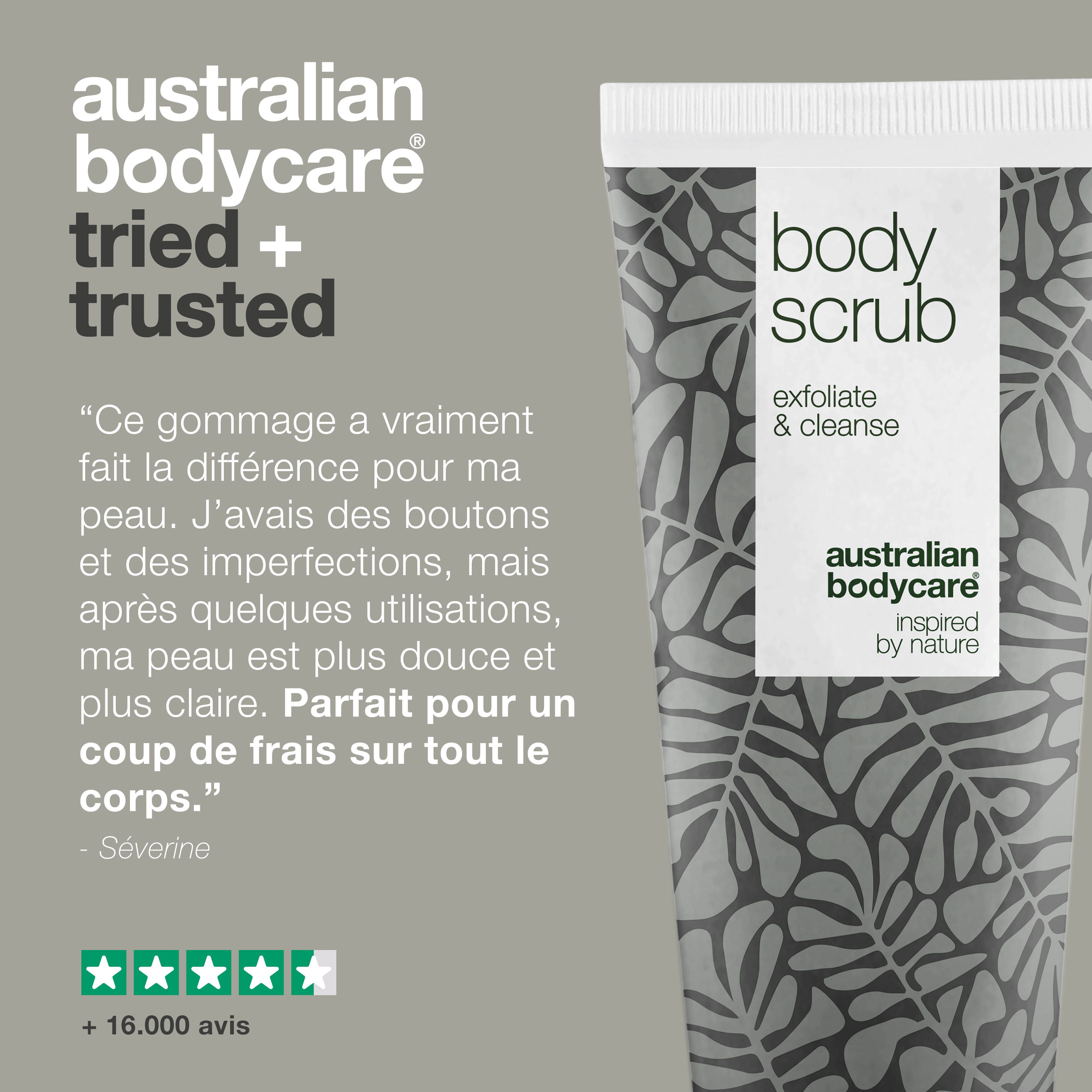 Tube de gommage corporel. Texte : Australian Bodycare, Body Scrub, Exfoliate & cleanse. Texte : + 16.000 avis.