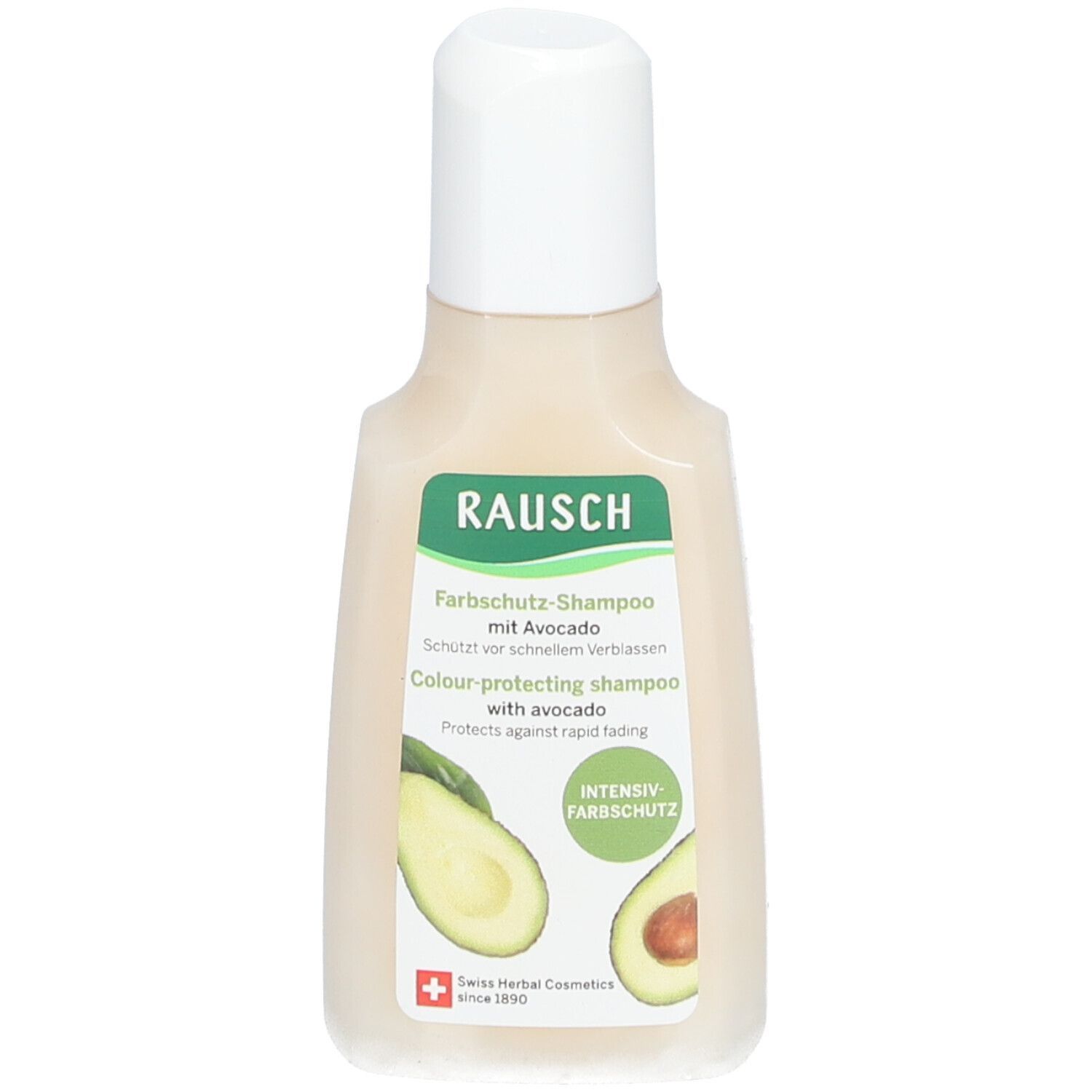 Shampoo-Flasche mit weißem Deckel. Grün-weißes Etikett mit Text: RAUSCH Farbschutz-Shampoo mit Avocado. Avocado-Illustration.