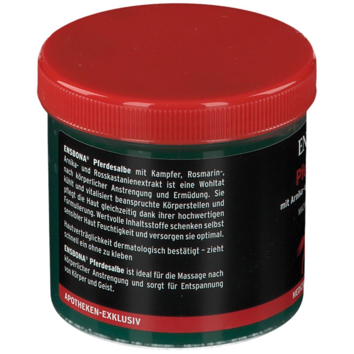 Pot de pommade pour chevaux Ensbona, couvercle rouge, pot vert. Dos avec informations produit et texte: Exclusivité pharmacie.