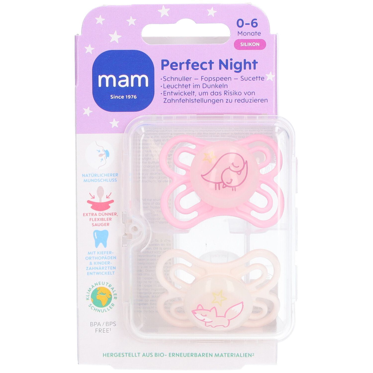 MAM Perfect Night Silikonschnuller 0-6 Monate, rosa/creme