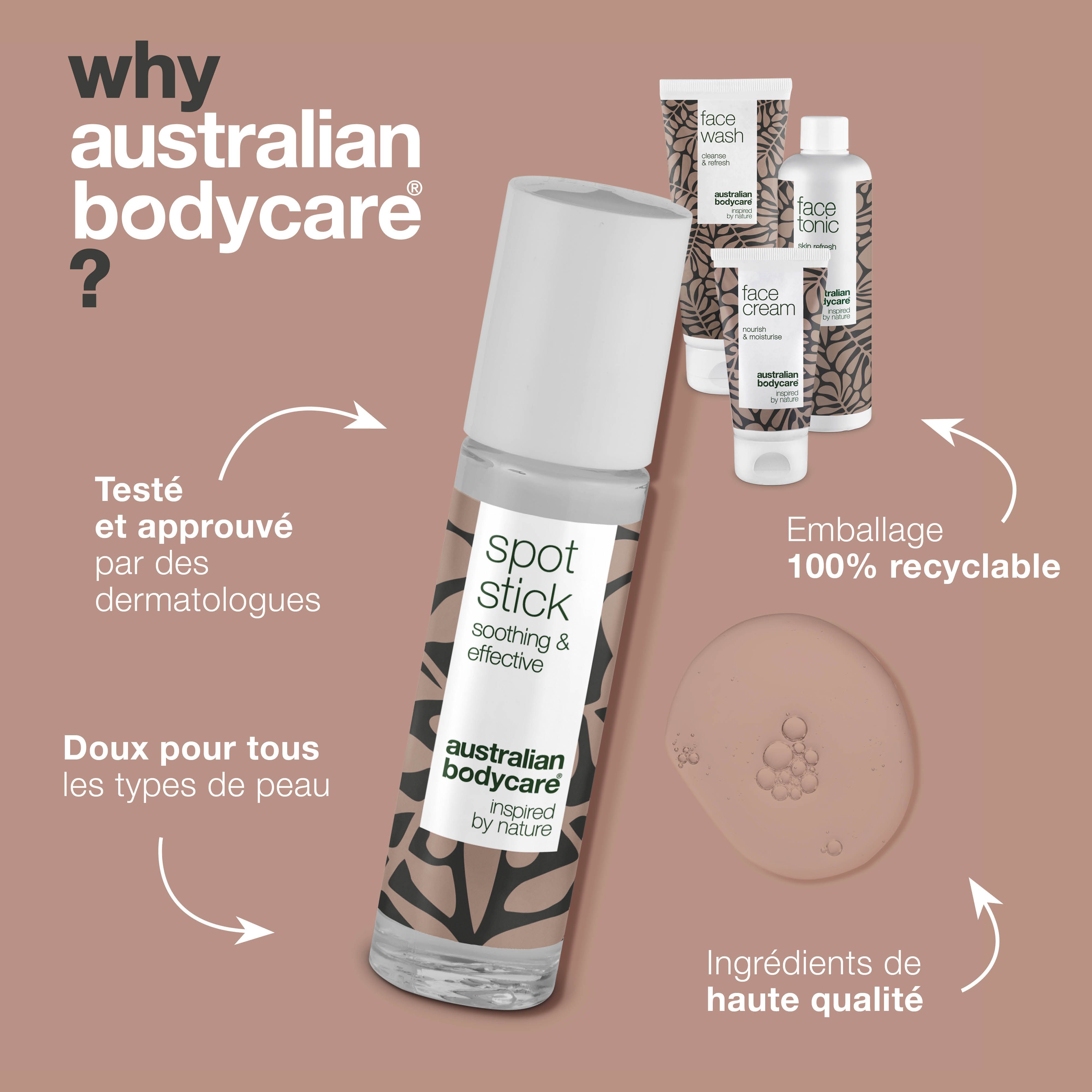 Spot Stick avec texte: soothing & effective. Produits: Face Wash, Face Tonic, Face Cream. Texte: Australian Bodycare. Emballage 100% recyclable.