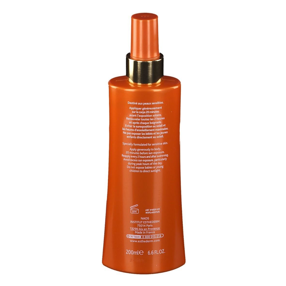 Dos d'un flacon orange. Texte: Mode d'emploi, 200ml, INSTITUT ESTHEDERM, www.esthederm.com. Symboles de crème solaire et environnement.