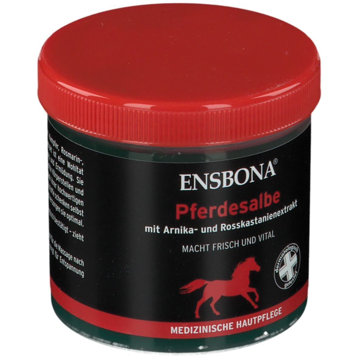 Pot de pommade pour chevaux Ensbona, couvercle rouge, étiquette noire. Logo cheval rouge. Texte: Soin médical de la peau, testé dermatologiquement.