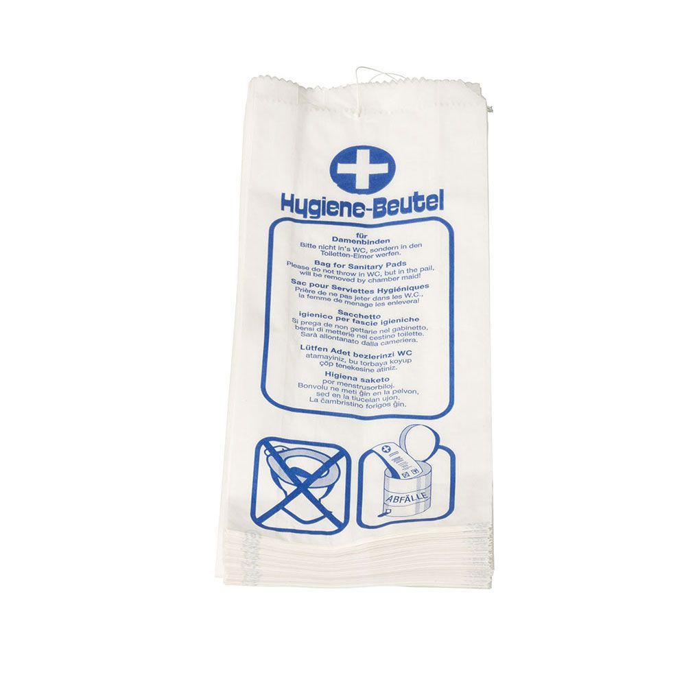 Sac d'hygiène blanc avec impression bleue. Impression avec croix, texte et pictogrammes.