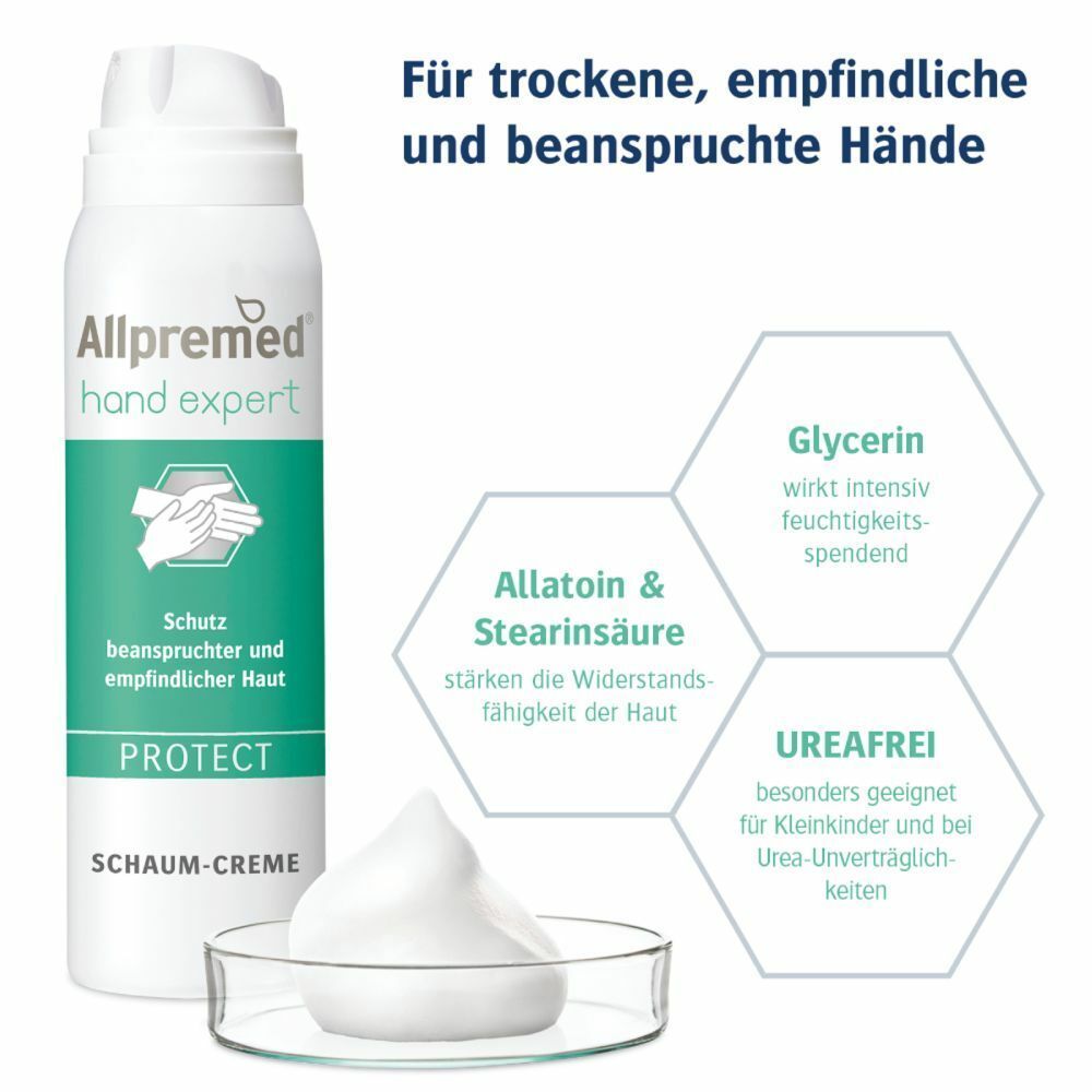 Allpremed® hand expert Schaum-Creme PROTECT. Weiße Schaumcreme auf Glas. Text: Für trockene, empfindliche und beanspruchte Hände. Inhaltsstoffe.