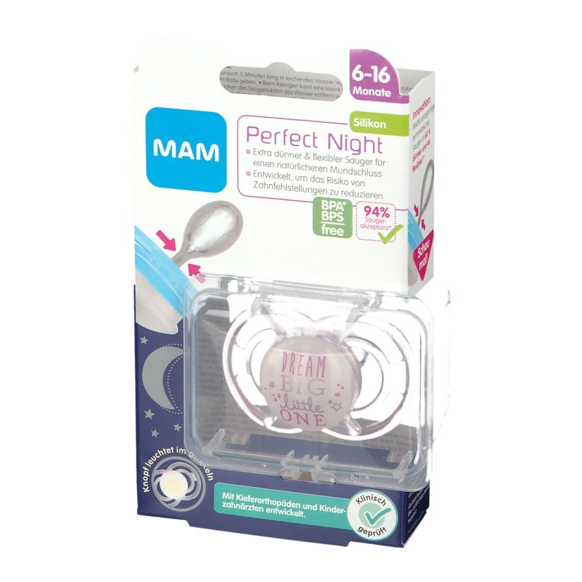 Schnuller in Verpackung. Transparente Halterung, rosa Sauger mit Schriftzug. Verpackung mit Produktname und Altersempfehlung.