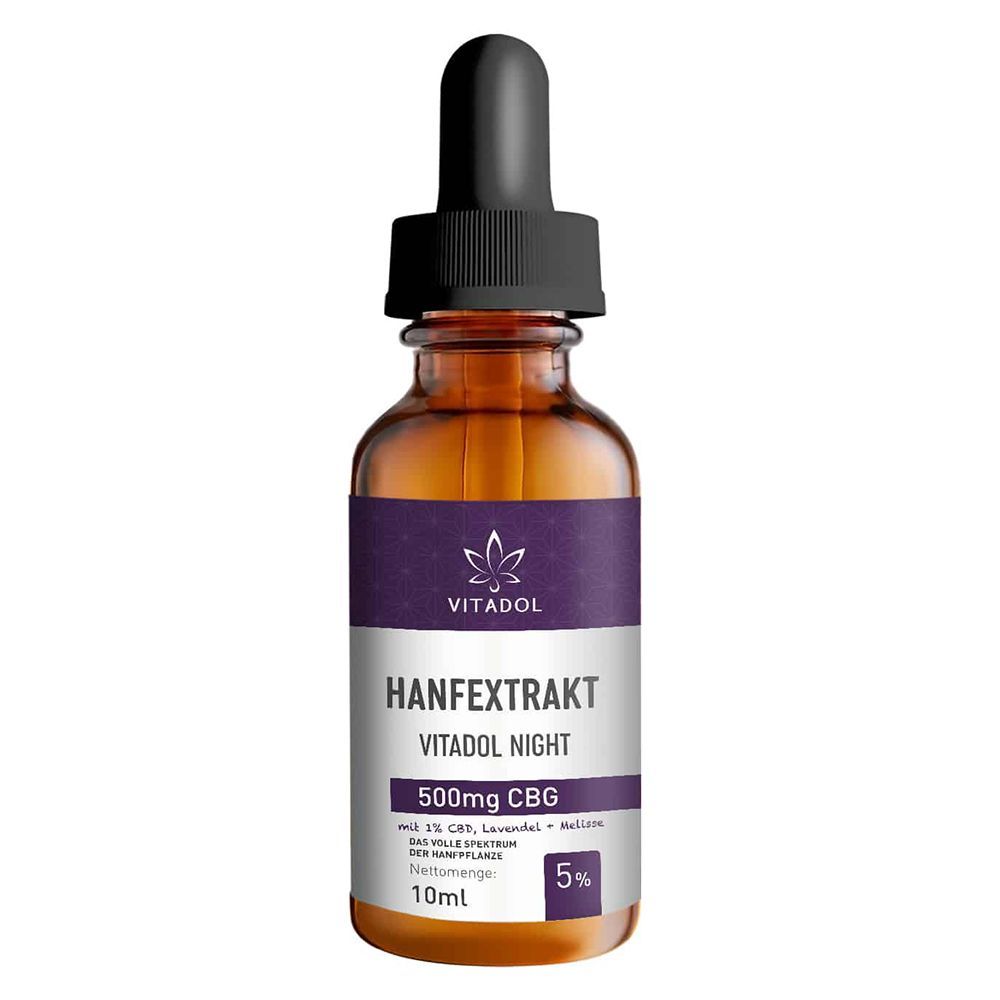 Braune Glasflasche mit schwarzem Deckel und Pipette. Aufschrift: VITADOL HANFEXTRAKT VITADOL NIGHT, 500mg CBG.