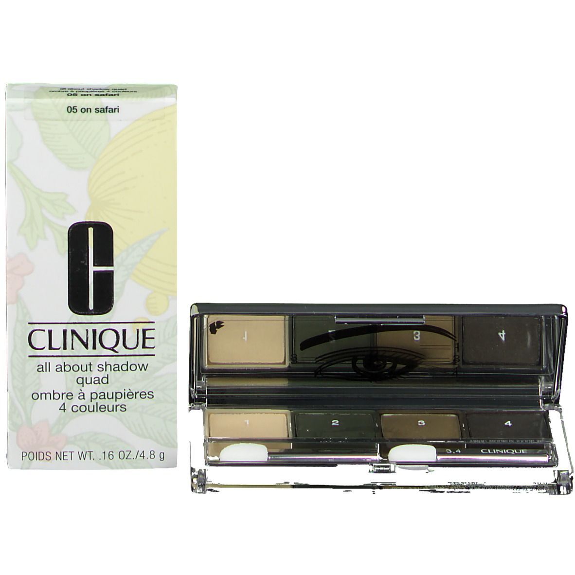 Palette de fards à paupières et emballage. Palette à quatre couleurs, miroir. Emballage avec nom et marque du produit.