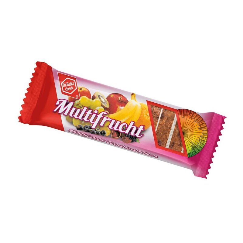 Verpackung eines Riegels mit der Aufschrift "Multifrucht". Abgebildet sind Früchte. Der Riegel ist in Rot- und Rosatönen gehalten.