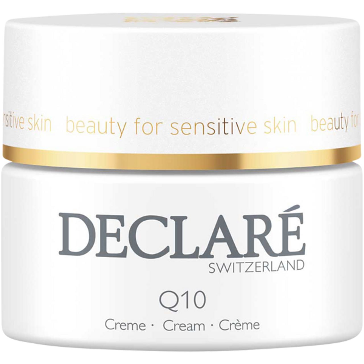 Weißes Creme-Glas mit goldfarbenem Deckel. Aufschrift: DECLARÉ SWITZERLAND, Q10, Creme. Text: beauty for sensitive skin.