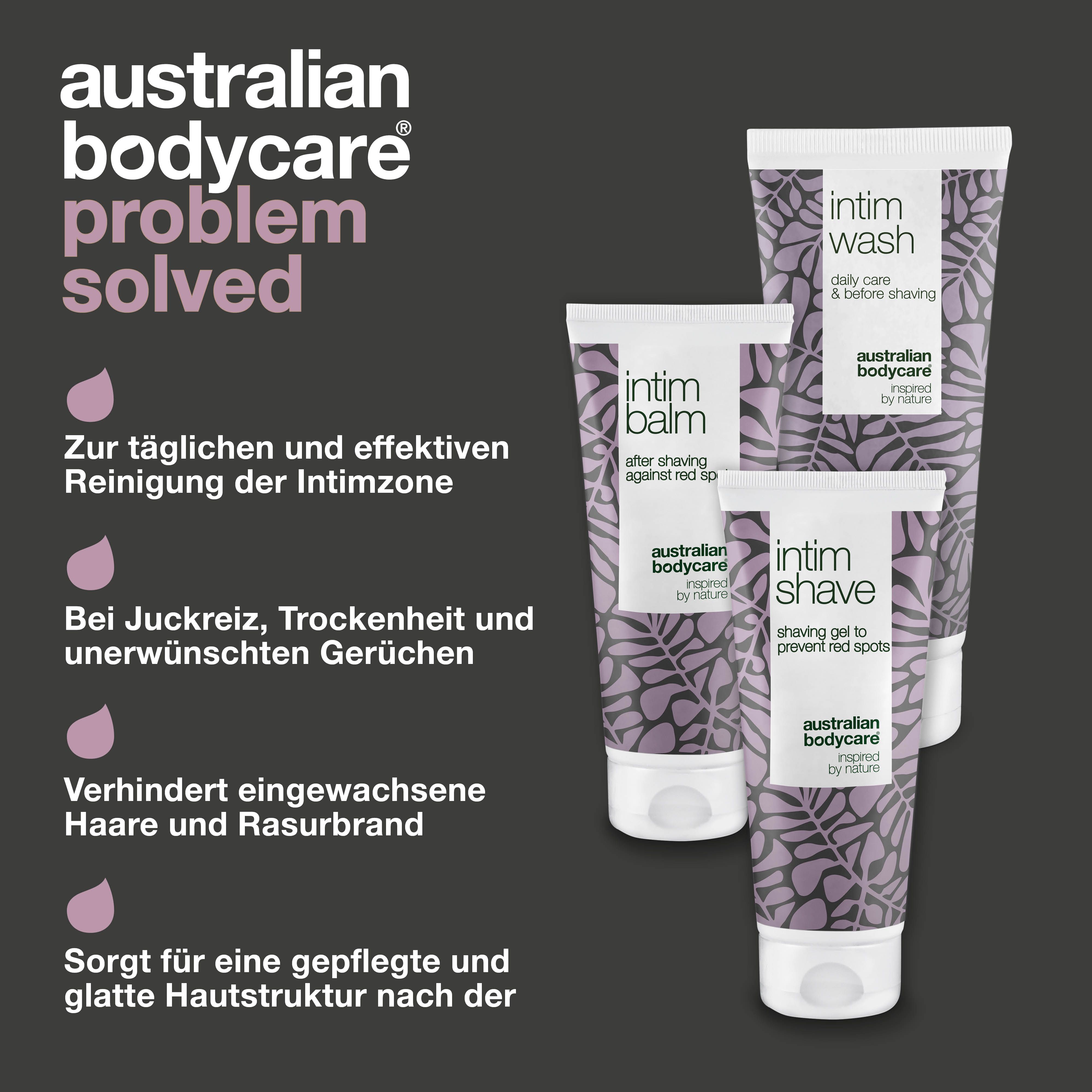 Drei Produkte: Intimwaschgel, Rasierbalsam und Rasiergel. Text beschreibt die Vorteile der Produkte.