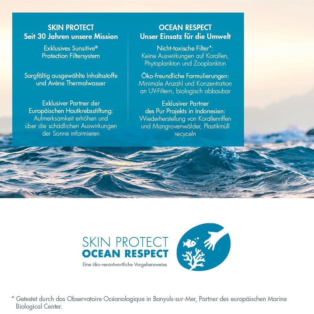 Texte sur Skin Protect et Ocean Respect. Informations sur les partenaires exclusifs et les formulations écologiques.