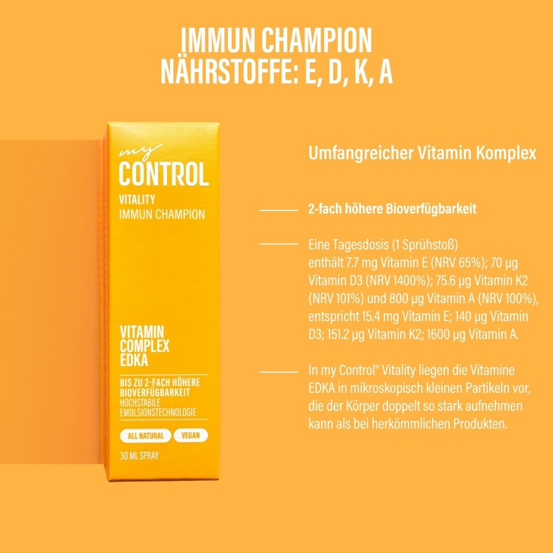 Gelber Hintergrund mit Text. Aufschrift: my Control Vitality Immun Champion Vitamin Complex EDKA. Informationen zu Vitaminen.