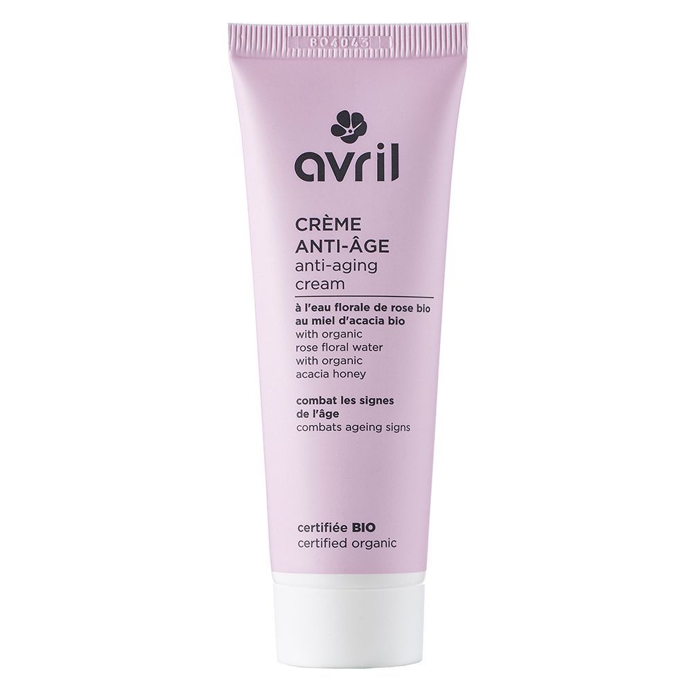 Rosa Tube mit weißem Verschluss. Aufschrift: Avril, Crème Anti-Âge, zertifiziert BIO.