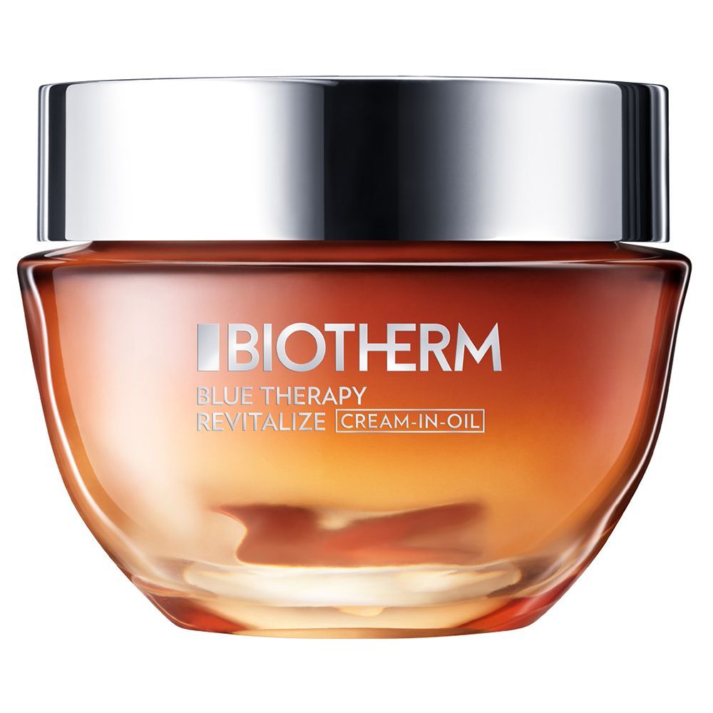 Pot en verre avec couvercle argenté. BIOTHERM Blue Therapy Revitalize Cream-In-Oil. Crème-en-huile.