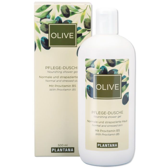 Weiße Flasche und Karton. Aufschrift: OLIVE, Pflege-Dusche. Mit Provitamin B5. PLANTANA. 500 ml.