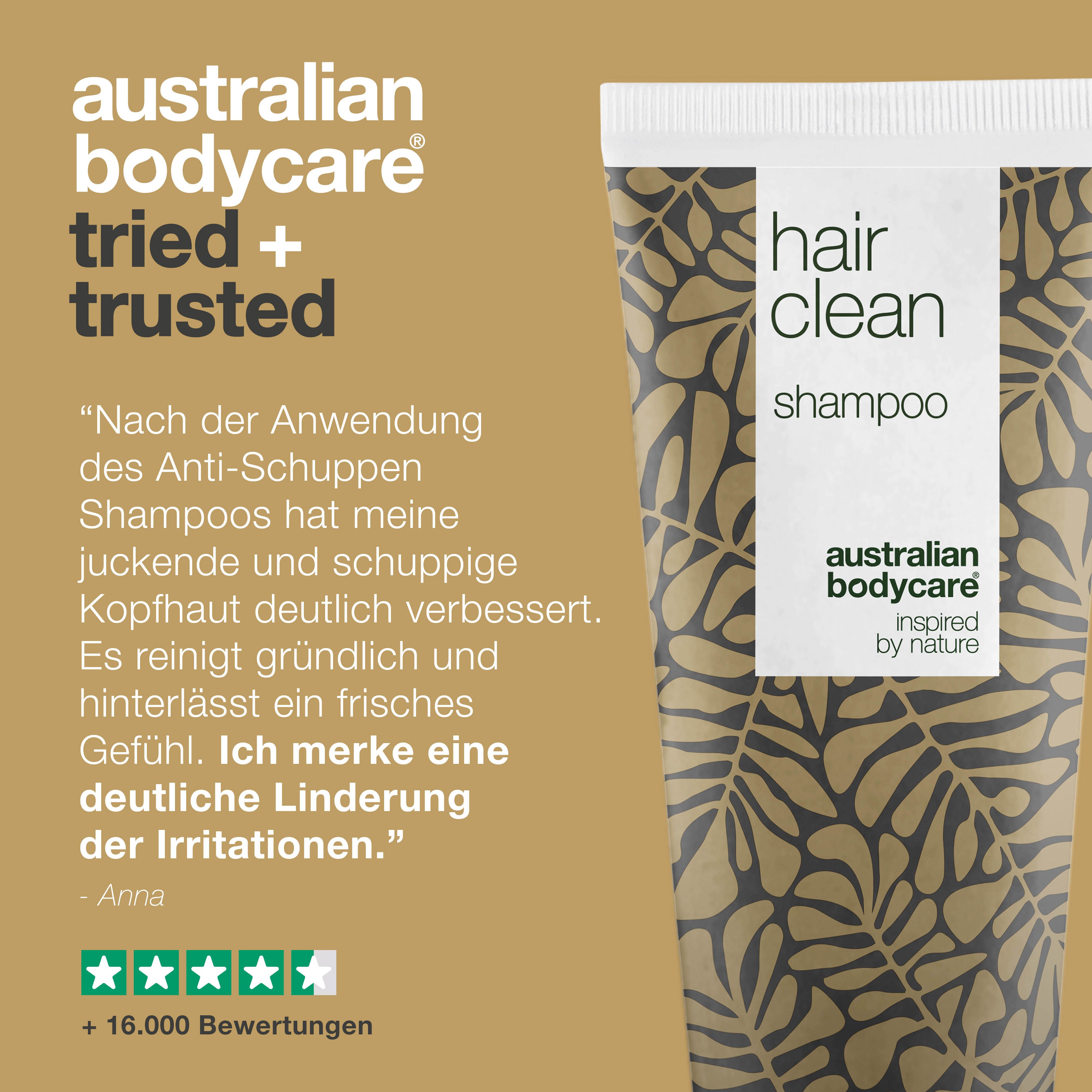 Shampoo-Tube mit Text und Bewertung. Schriftzug: hair clean, australian bodycare. Zitat und Sterne-Bewertung.