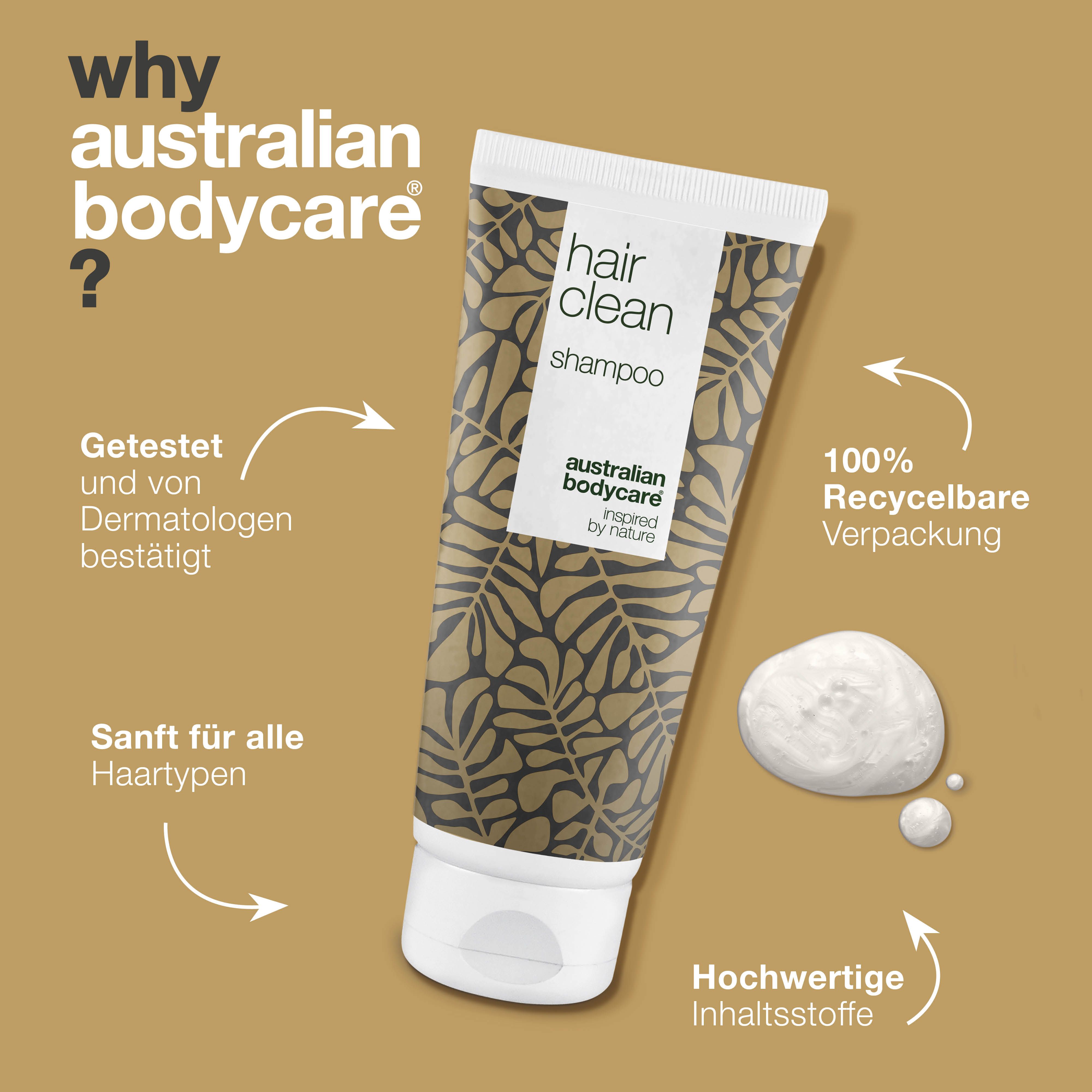 Shampoo-Tube mit Text. Schriftzug: hair clean, australian bodycare. Vorteile: dermatologisch getestet, recyclebar.