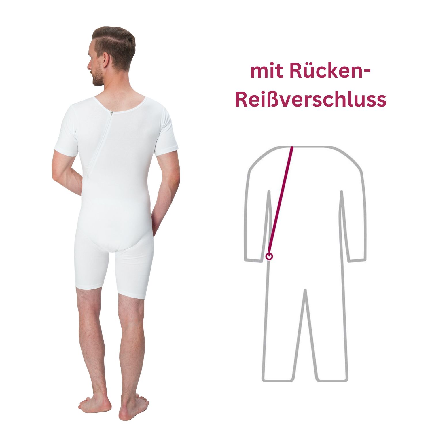 Weißer Pflegebody mit kurzen Ärmeln und Beinen. Reißverschluss am Rücken. Skizze des Bodys mit Reißverschluss.