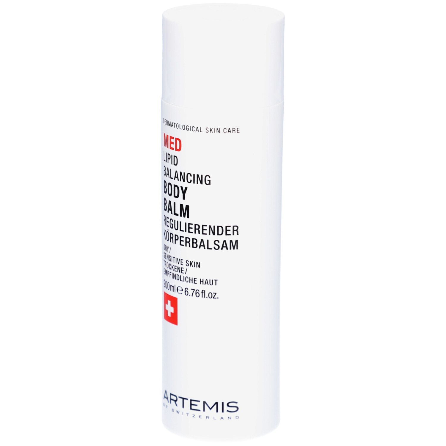 Flacon blanc avec texte rouge et noir. MED Lipid Balancing Body Balm. Croix suisse. 200ml.