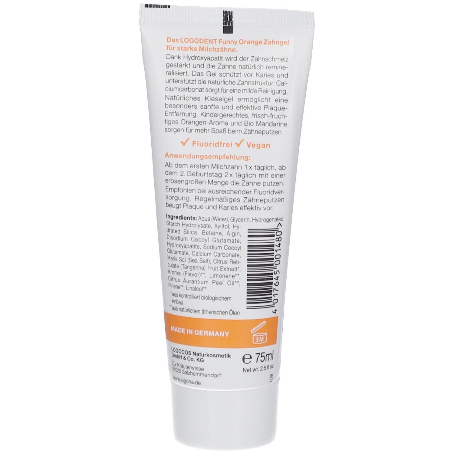 Tube de gel dentaire blanc avec accents orange. Texte: LOGODENT Kids Zahngel. Contient 75ml. Inscription: Sans fluor, Vegan.