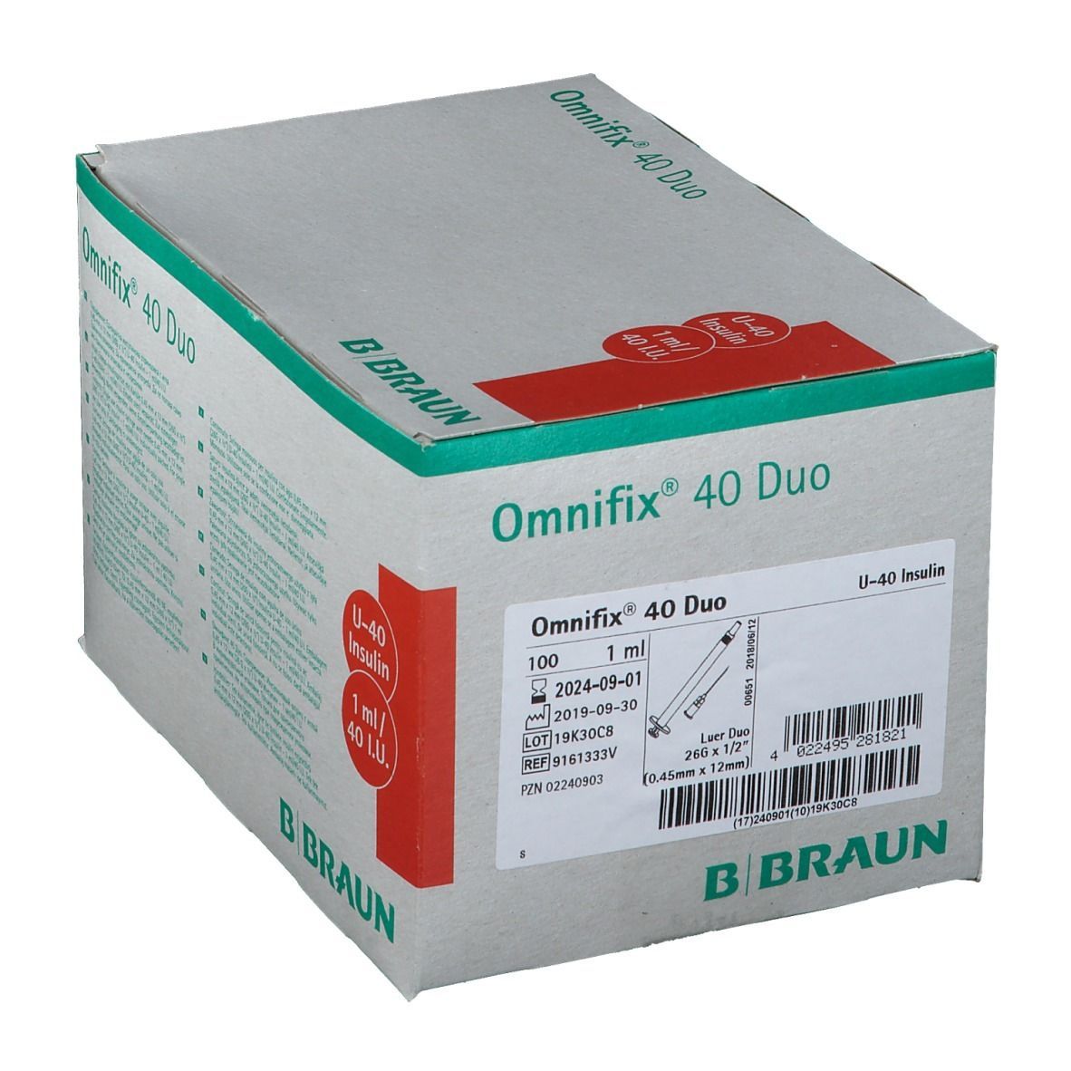 Boîte Omnifix 40 Duo. Carton gris-blanc avec marquage rouge. Texte: U-40 Insuline, 1 ml/40 UI. Logo B. Braun.