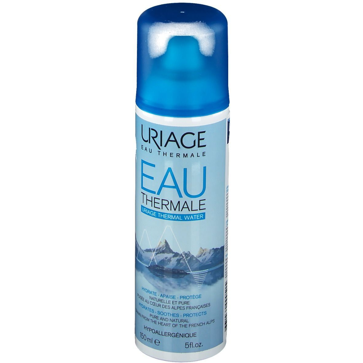 Spray Uriage Eau Thermale. Flacon bleu avec bouchon bleu. Nom du produit et montagnes. 150ml.