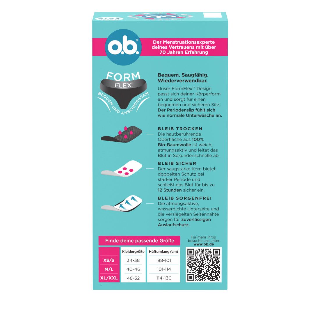 o.b. Periodenslip Verpackung. Rückseite. Text: FormFit Design, Größentabelle. QR-Code. Zertifizierung.